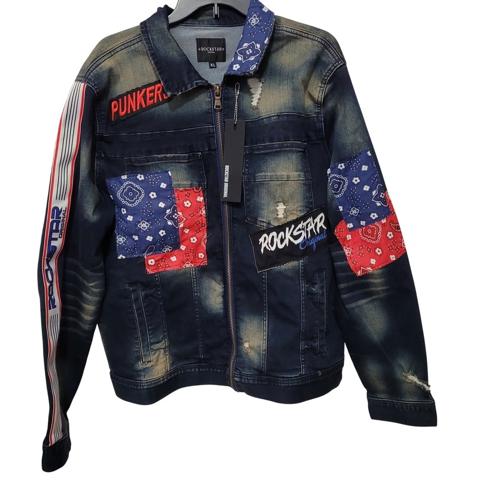 NWT Rockstar Original Mens XL Denim Jacket Bandana Patches Distressed Blue XL